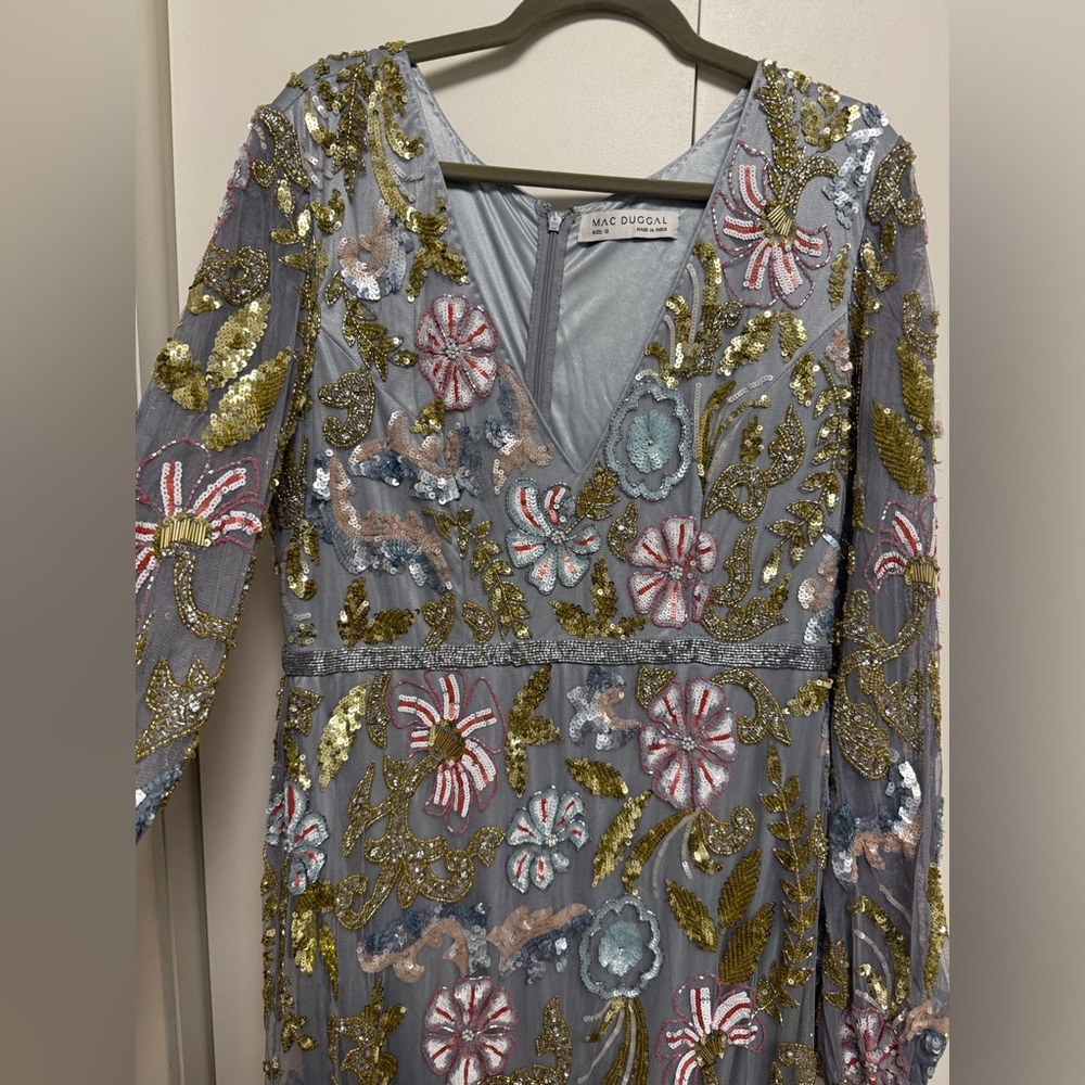 NWT Mac Duggal 5423 Gray Platinum Multi Long Cuff Sleeve Midi Dress Size 12 - Picture 11 of 16